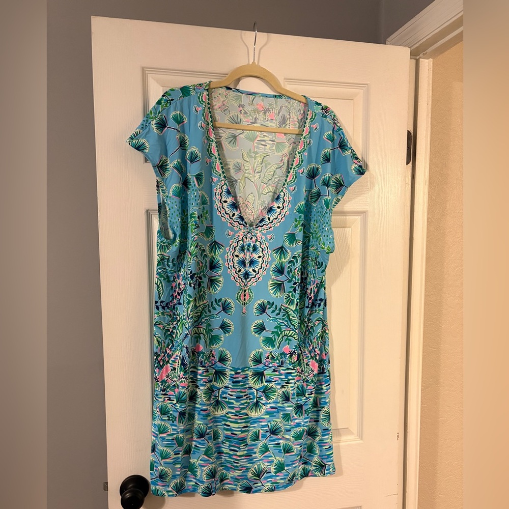Lilly Pulitzer Talli Tropical V-Neck Swim Cover-Up in Blue Mosaic Shells Sz XL